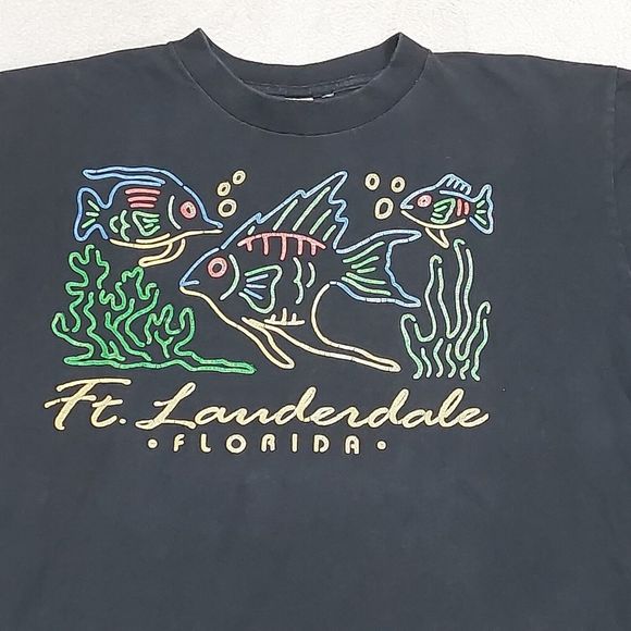 Vtg Ft Lauderdale Black Colorful Fish Single Stitch Graphic T-Shirt Size Large - Picture 2 of 8